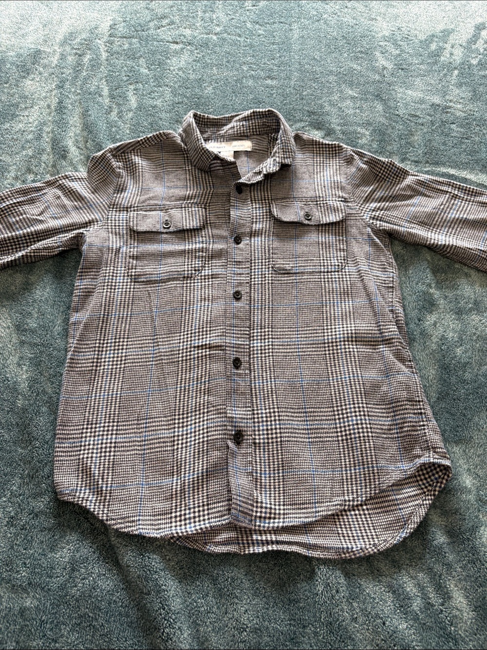 Boy Old Navy Gray Plaid Button-Down Shirt with Blue Accent